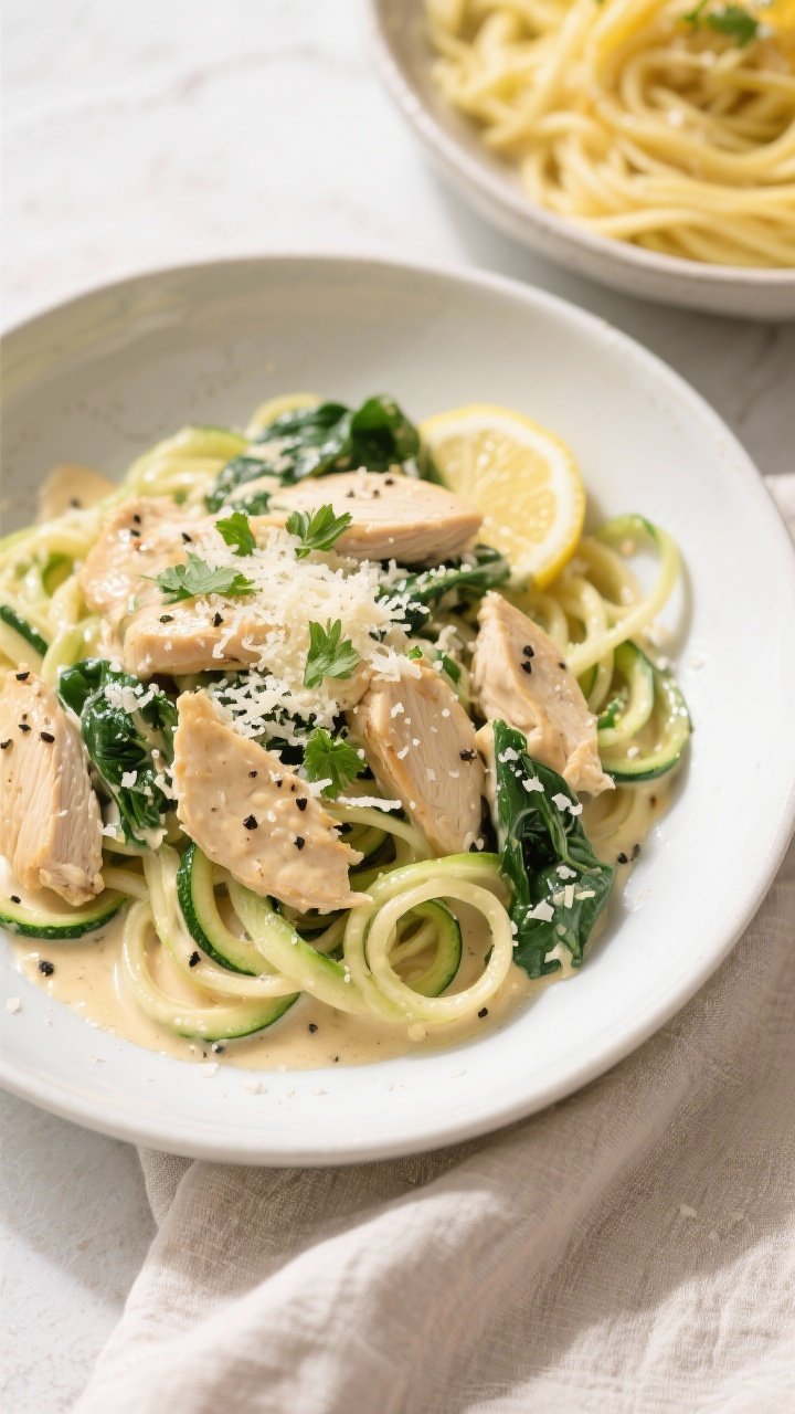 Final dish, tasty top view: Overhead shot of Low Carb Creamy Chicken Alfredo with zucchini noodles s