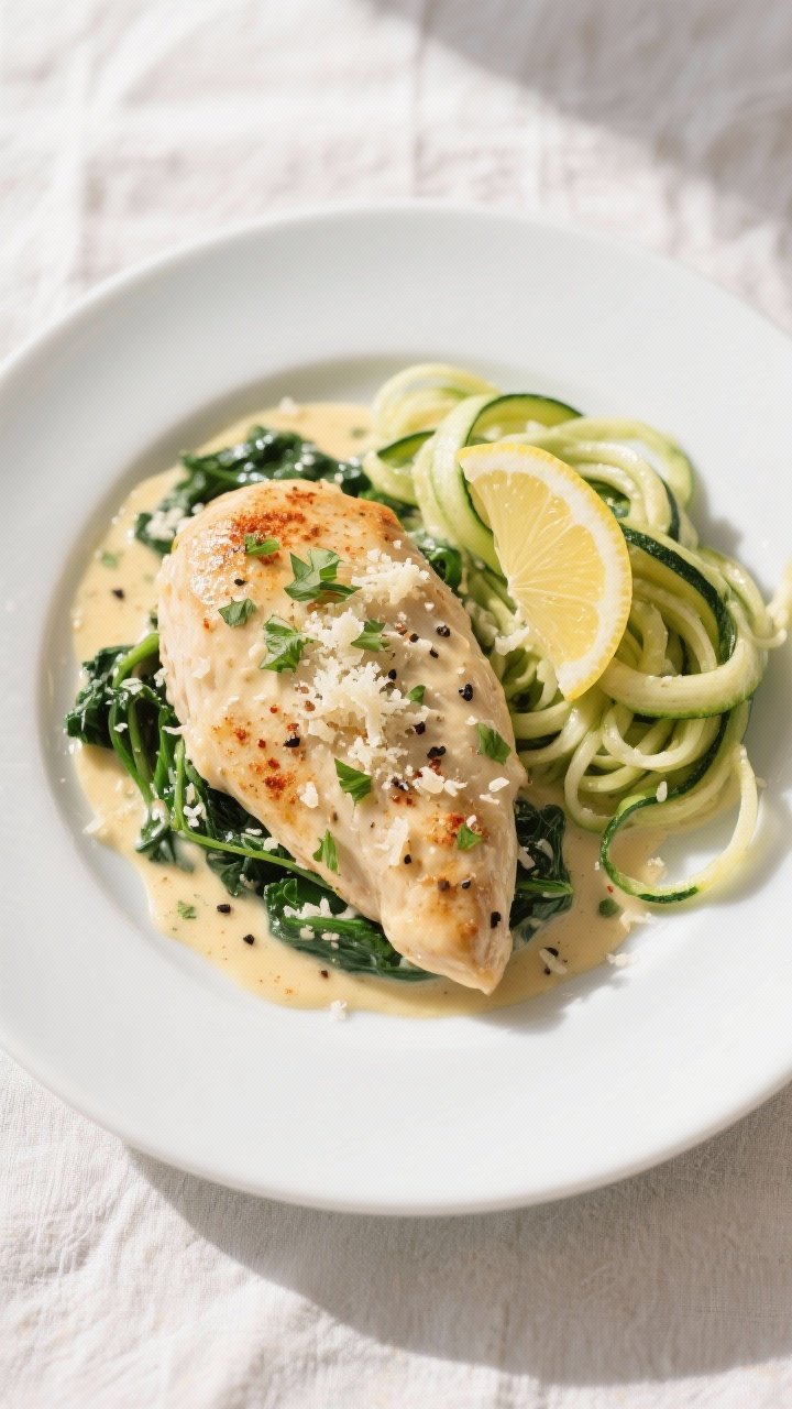 Final dish, tasty top view: Overhead shot of Low Carb Creamy Parmesan Chicken plated on a wide, whit