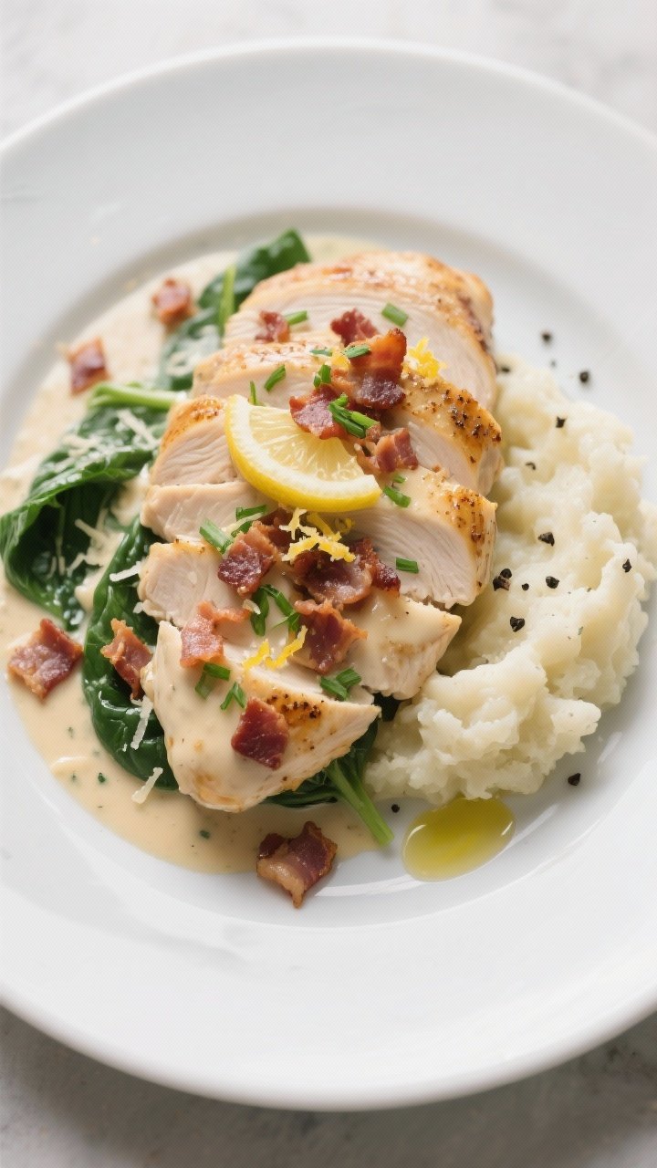 Final dish, tasty top view: Overhead shot of Low Carb Creamy Bacon Chicken plated bistro-style—sli