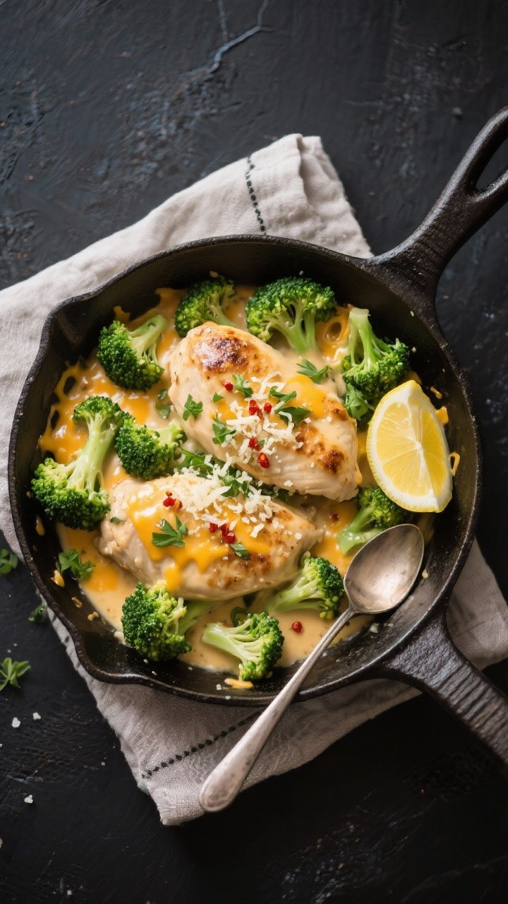 Final dish, tasty top view: Overhead shot of Low Carb Cheesy Broccoli Chicken in a wide skillet, chi