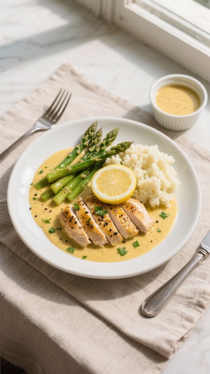 Final dish, tasty top view: Overhead shot of Low Carb Creamy Dijon Chicken plated on a white shallow