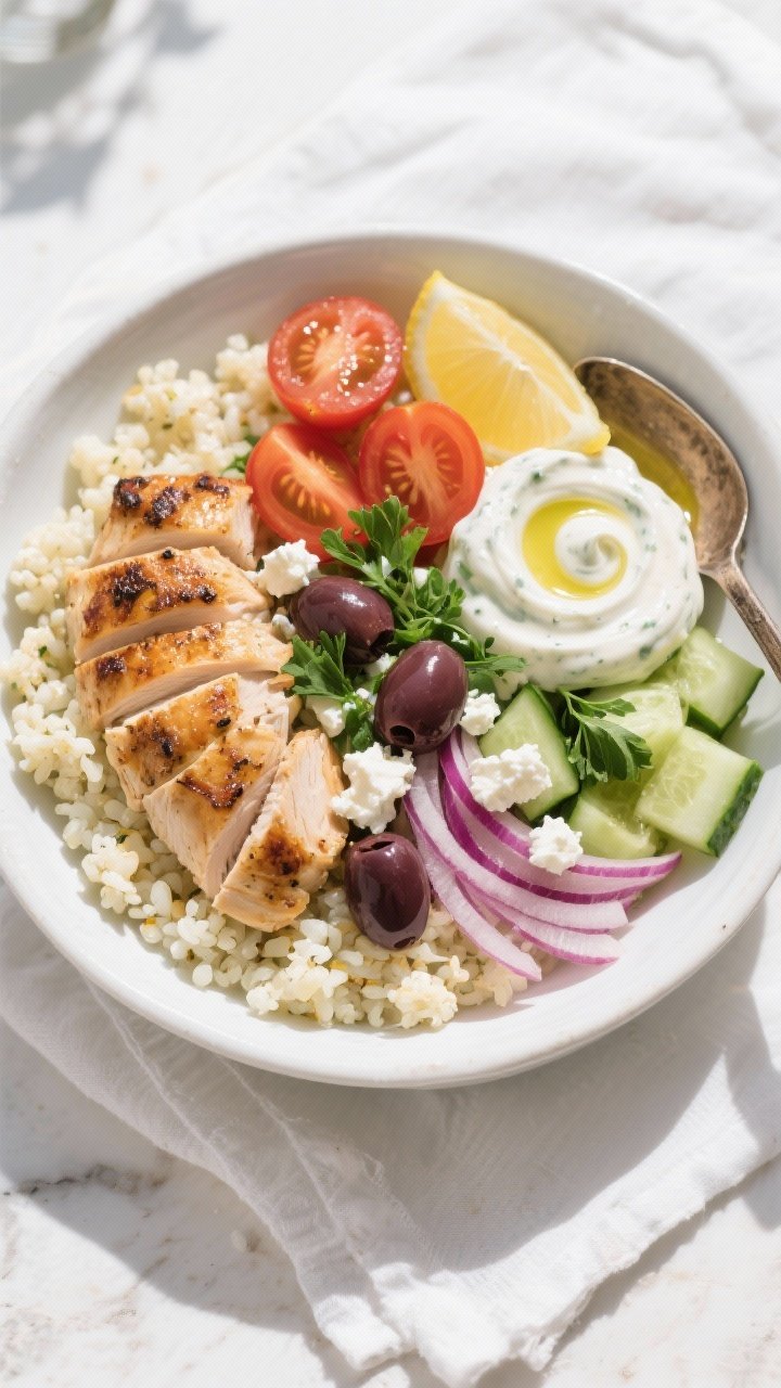 Final dish, tasty top view: Overhead shot of Low Carb Greek Chicken Bowl assembled on a wide white c