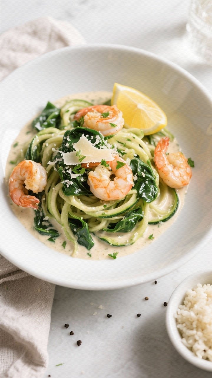 Final dish, tasty top view: Overhead shot of Low Carb Creamy Spinach Shrimp plated in a wide, shallo