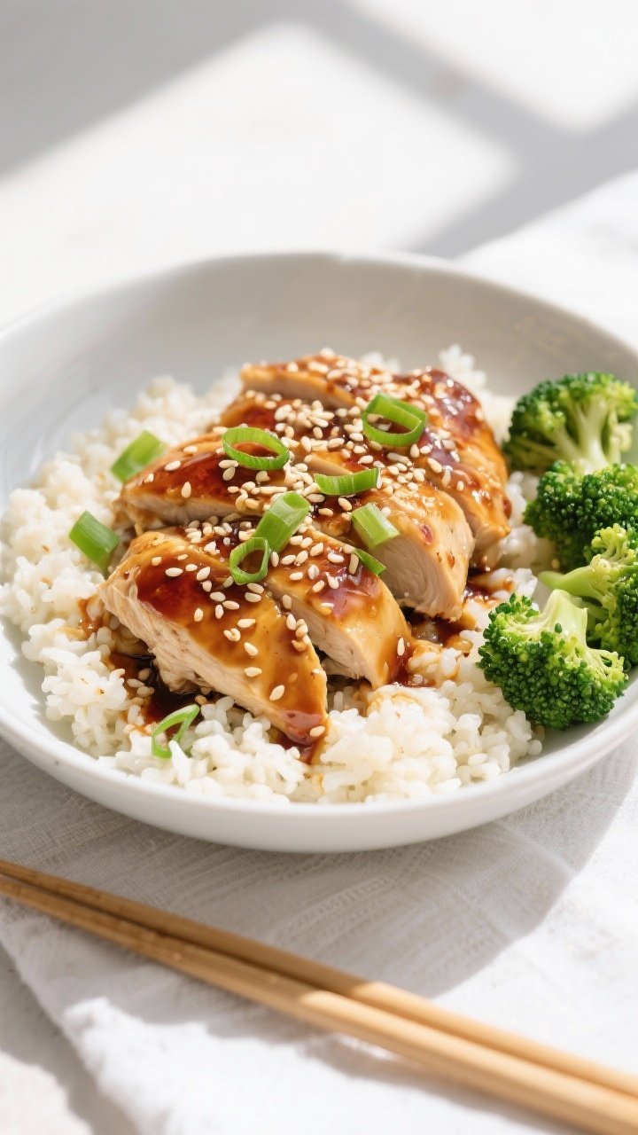 Final dish, tasty top view: Overhead shot of Low Carb Honey Garlic Chicken plated over fluffy caulif