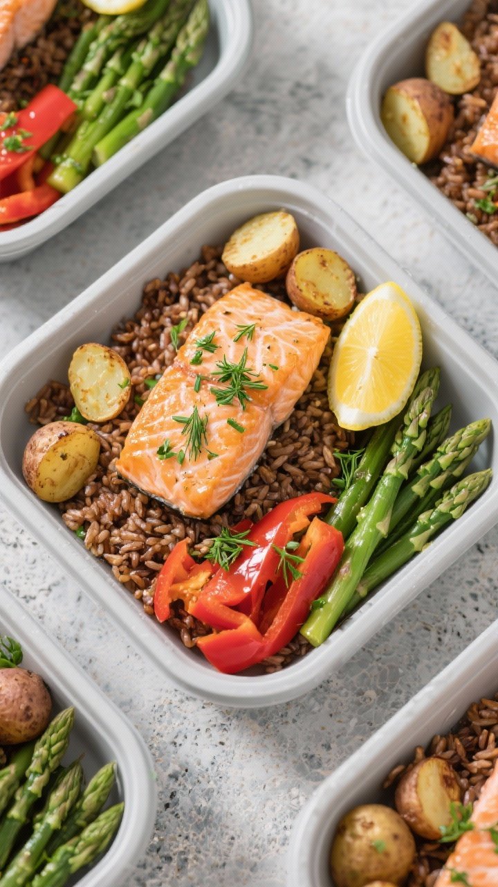 Final dish, tasty top view: Overhead shot of meal prep containers neatly portioned with one salmon f
