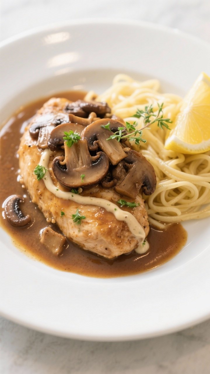 Final dish, tasty top view: Overhead shot of Mushroom Marsala Chicken Skillet plated on a wide white