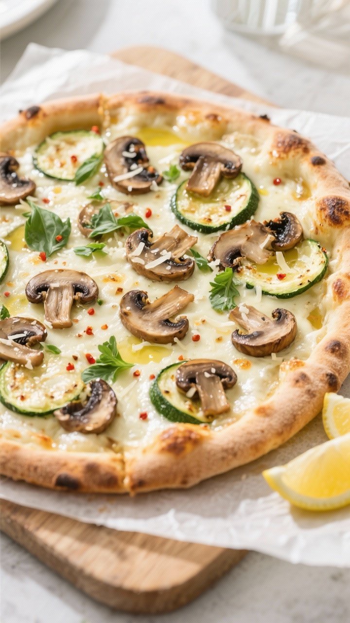 Final dish, tasty top view: Overhead shot of mushroom & zucchini flatbread fresh from the oven on a 