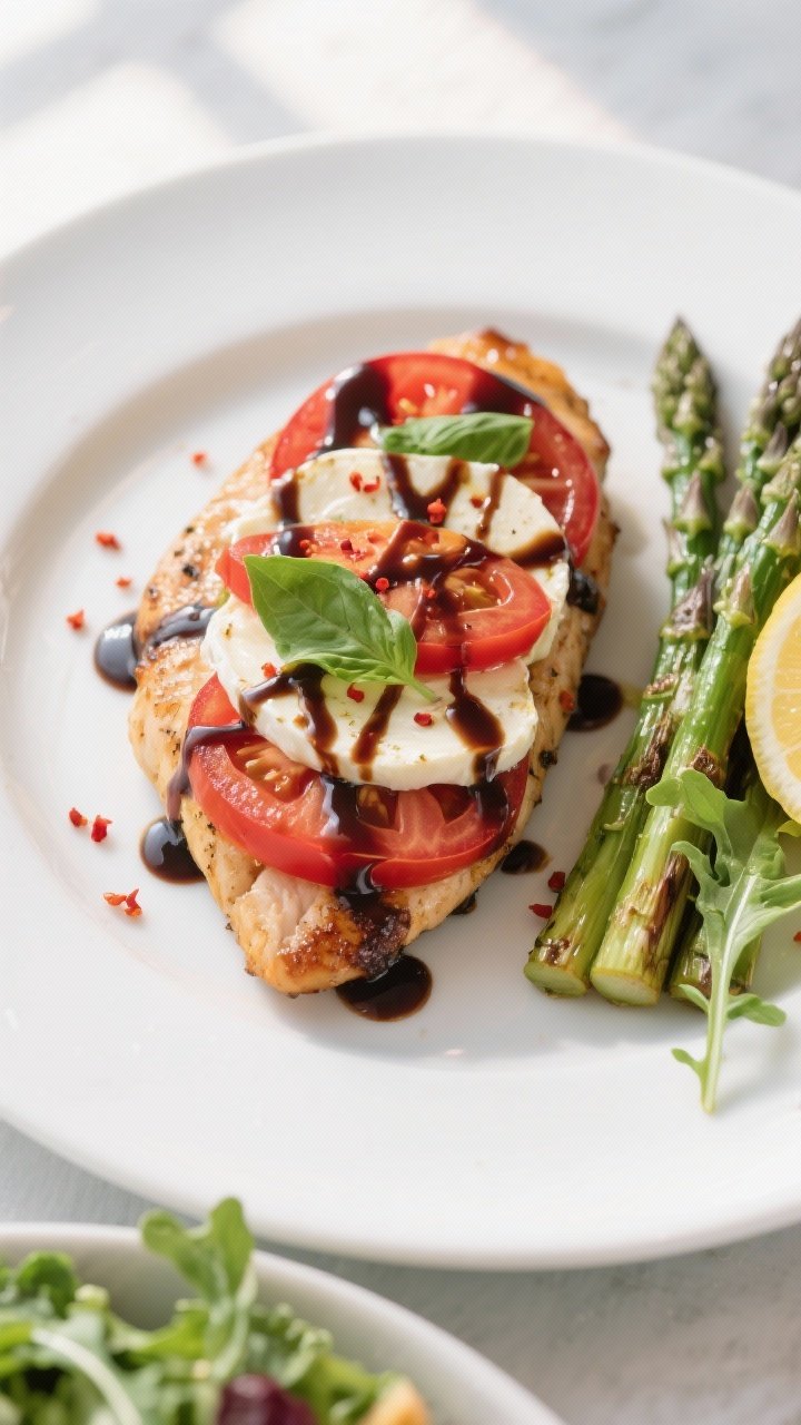 Final dish, tasty top view: Overhead shot of plated Caprese chicken with balsamic glaze elegantly dr