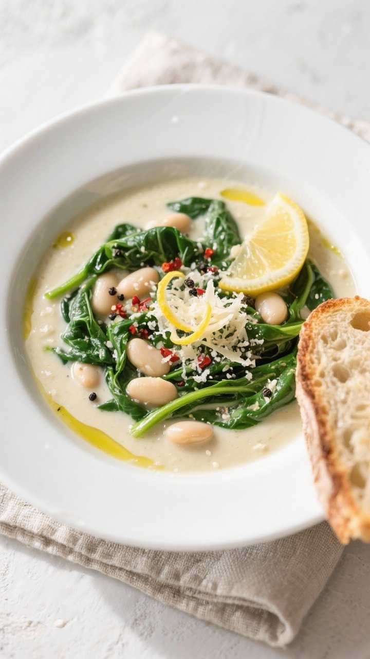 Final dish, tasty top view: Overhead shot of Protein-Packed White Bean Spinach Soup in a wide, shall