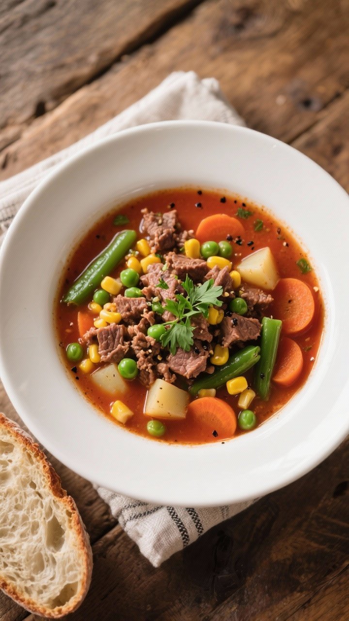 Final dish, tasty top view: Overhead shot of Quick Beef & Vegetable Soup ladled into a wide white bo