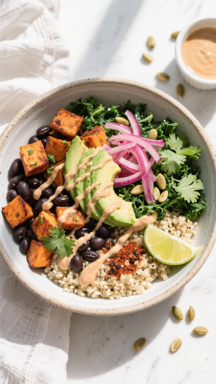 Final dish, tasty top view: Overhead shot of Roasted Sweet Potato & Black Bean Bowls beautifully ass