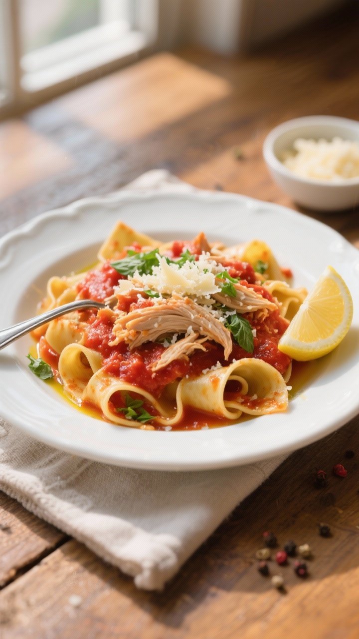 Final dish, tasty top view: Overhead shot of saucy Italian shredded chicken spooned over wide pappar