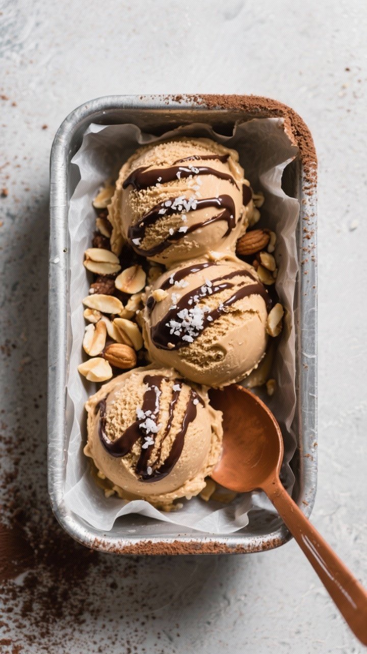 Final dish, tasty top view: Overhead shot of scoopable peanut butter banana ice cream in a parchment