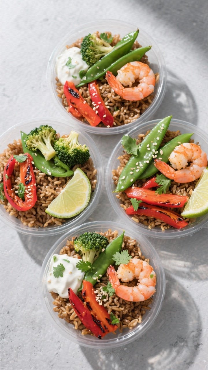 Final dish, tasty top view: Overhead shot of Shrimp & Brown Rice Meal Prep Bowls neatly arranged in 