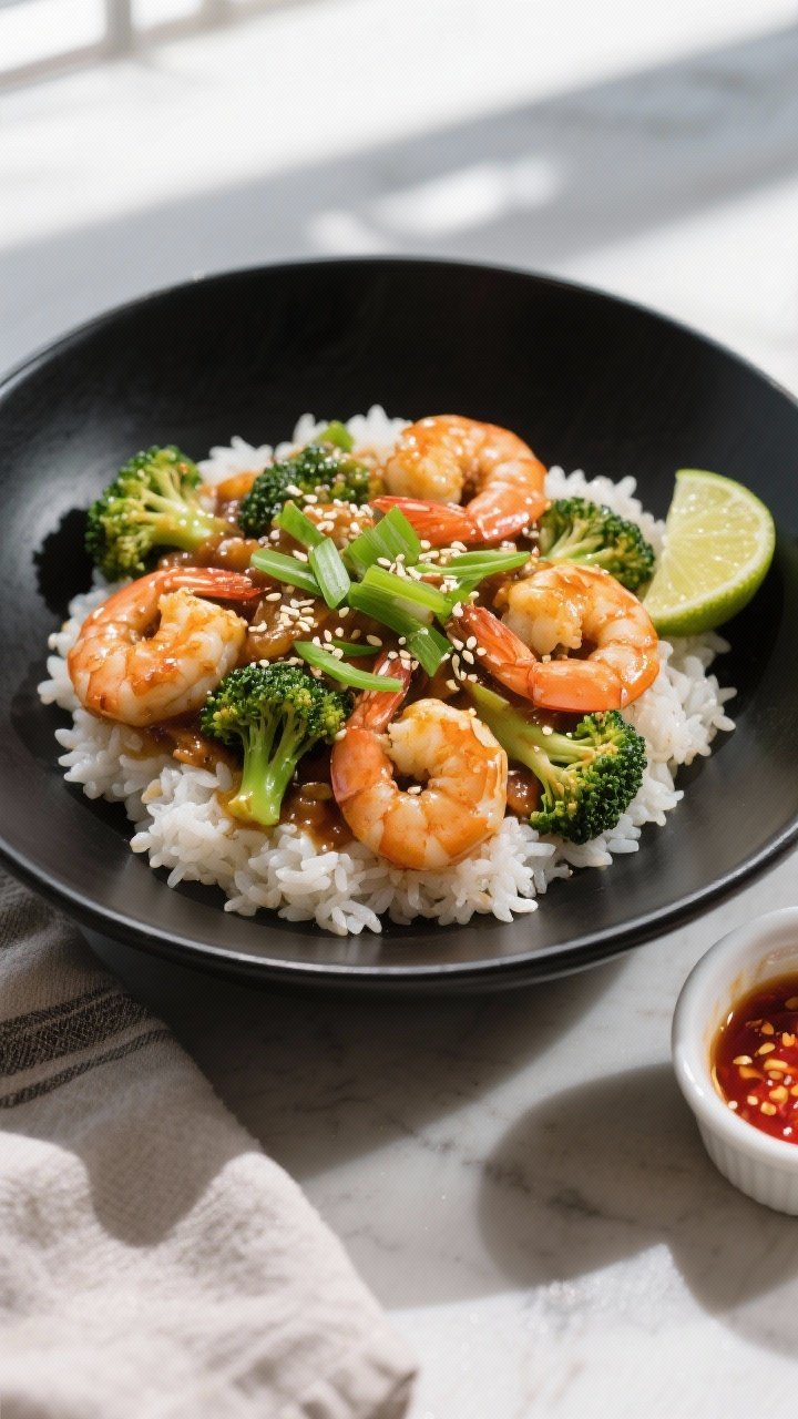 Final dish, tasty top view: Overhead shot of Shrimp & Broccoli Stir Fry served over fluffy white ric