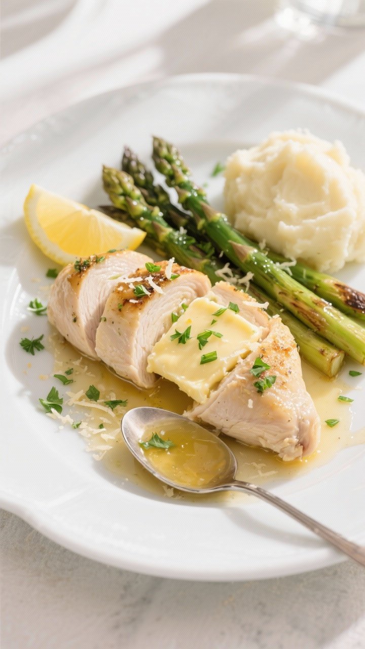 Final dish, tasty top view: Overhead shot of sliced garlic butter stuffed chicken breast on a white 