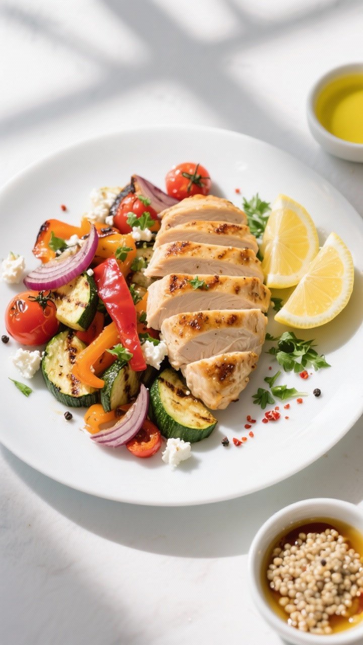 Final dish, tasty top view: Overhead shot of sliced lemon garlic grilled chicken breast fanned over 