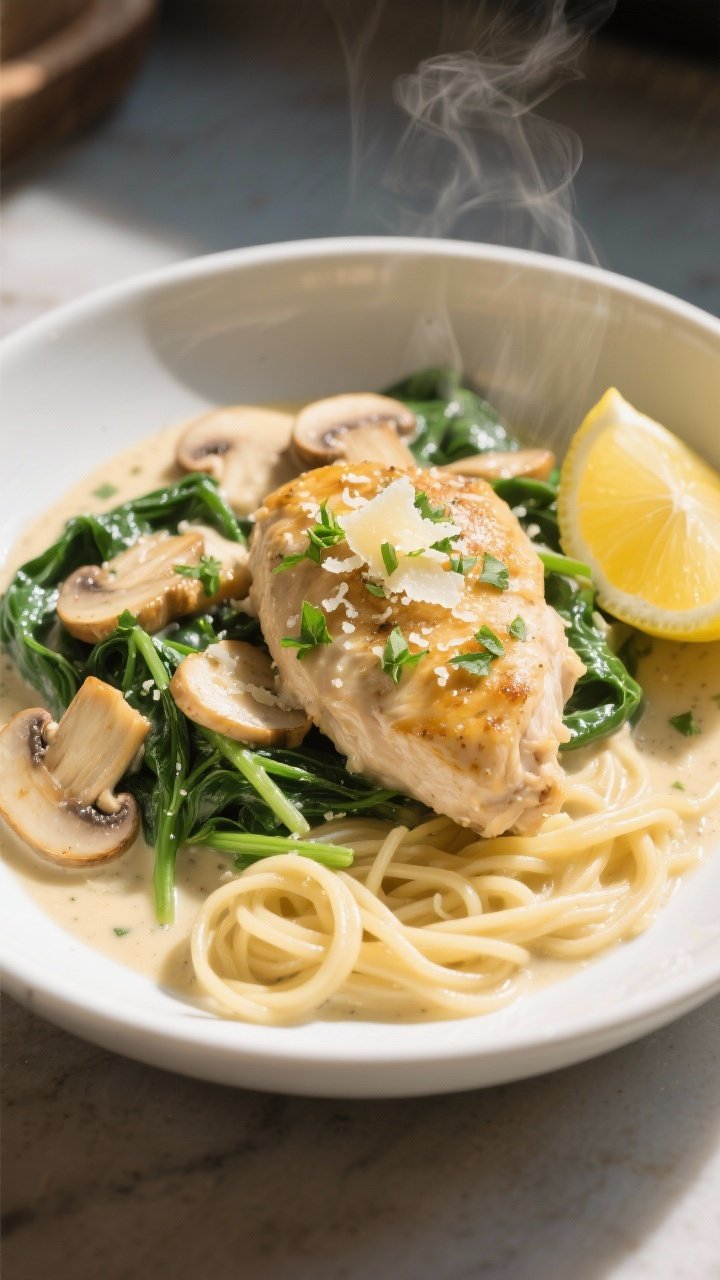 Final dish, tasty top view: Overhead shot of Spinach Mushroom Chicken plated family-style in a matte