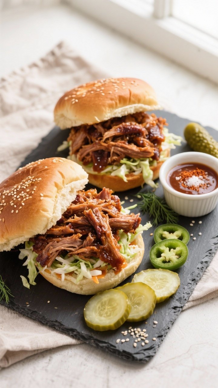 Final dish, tasty top view: Overhead shot of sweet BBQ pulled pork sandwiches on soft toasted buns, 