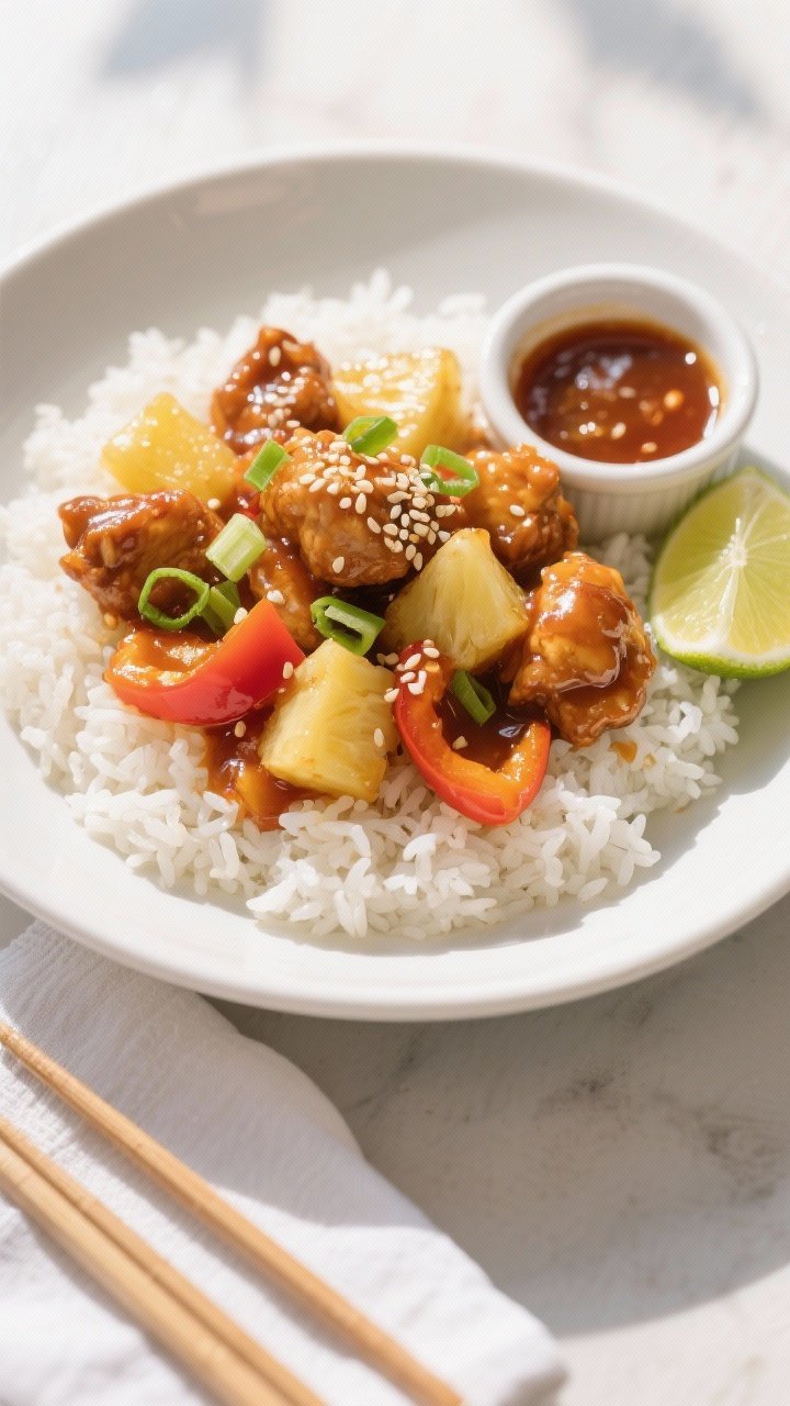 Final dish, tasty top view: Overhead shot of sweet and sour chicken beautifully plated over fluffy w