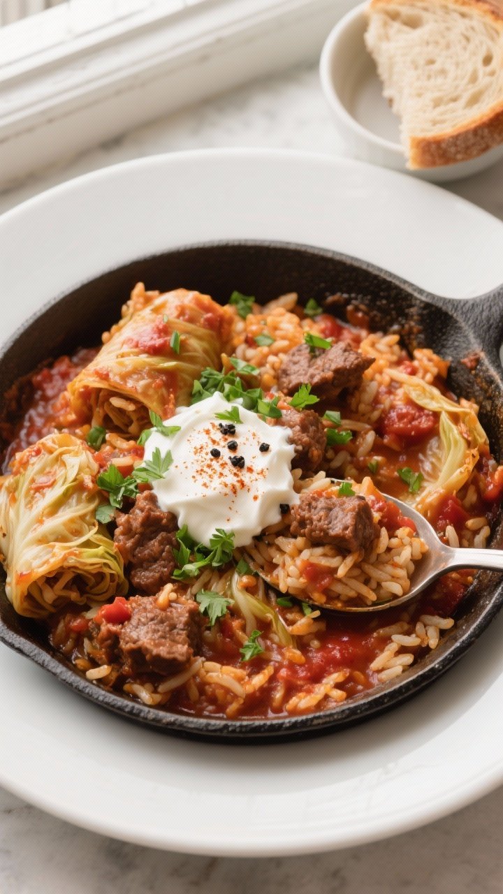 Final dish, tasty top view: Overhead shot of the finished Cabbage Roll Skillet plated in a wide, sha