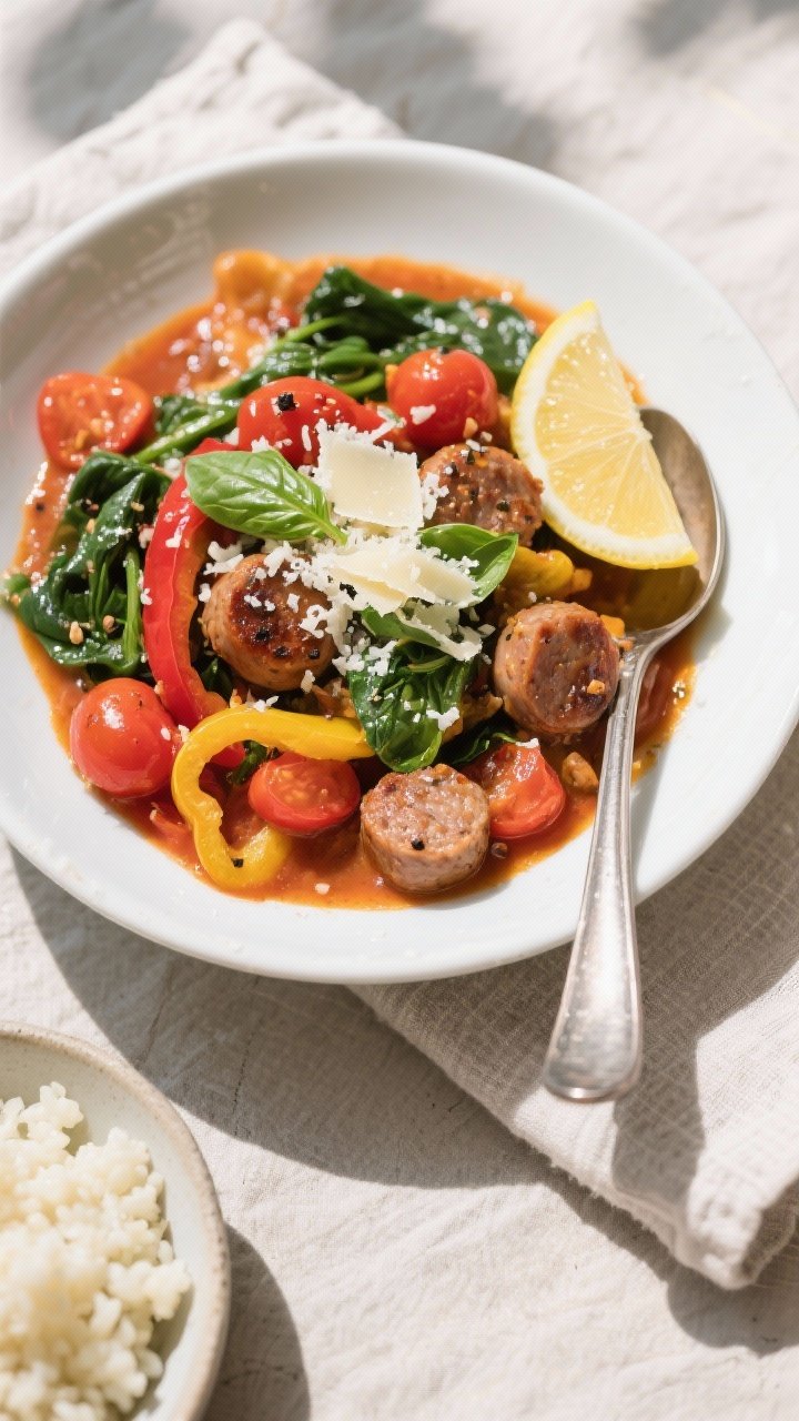 Final dish, tasty top view: Overhead shot of the finished Low Carb Italian Sausage Skillet spooned i