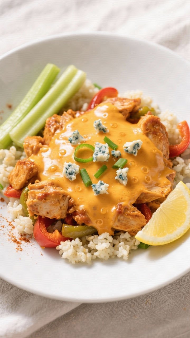 Final dish, tasty top view: Overhead shot of the finished Buffalo Chicken Skillet plated in a wide w