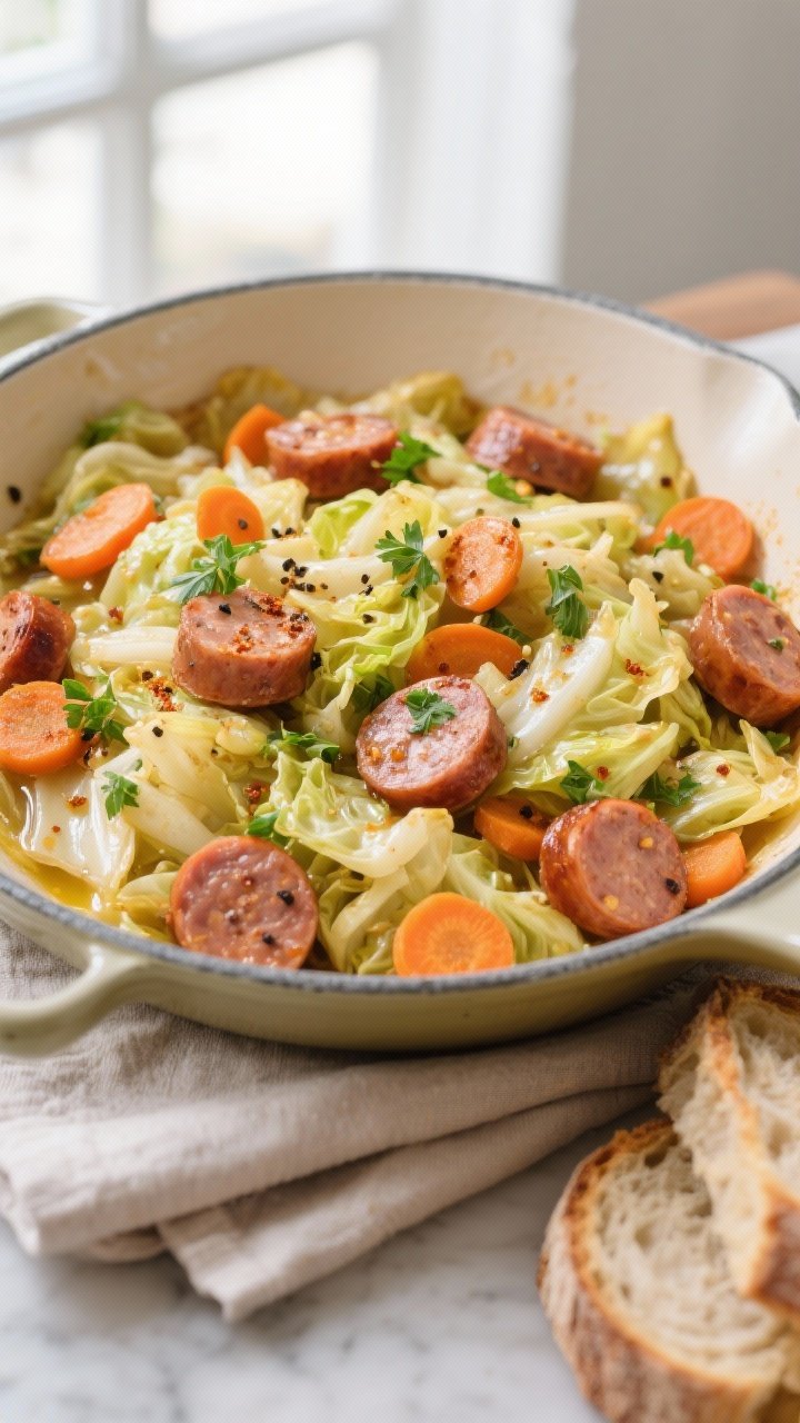 Final dish, tasty top view: Overhead shot of the finished Cabbage & Sausage Skillet plated family-st