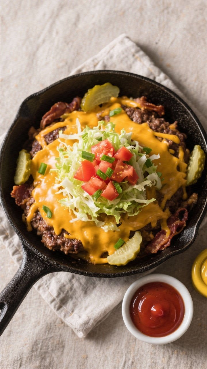 Final dish, tasty top view: Overhead shot of the Low Carb Bacon Cheeseburger Skillet finished with a