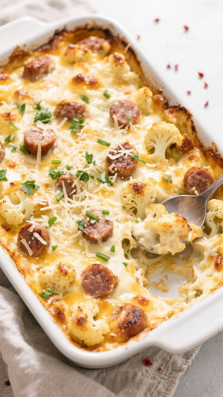 Final dish, tasty top view: Overhead shot of the Low Carb Sausage & Cauliflower Bake just out of the