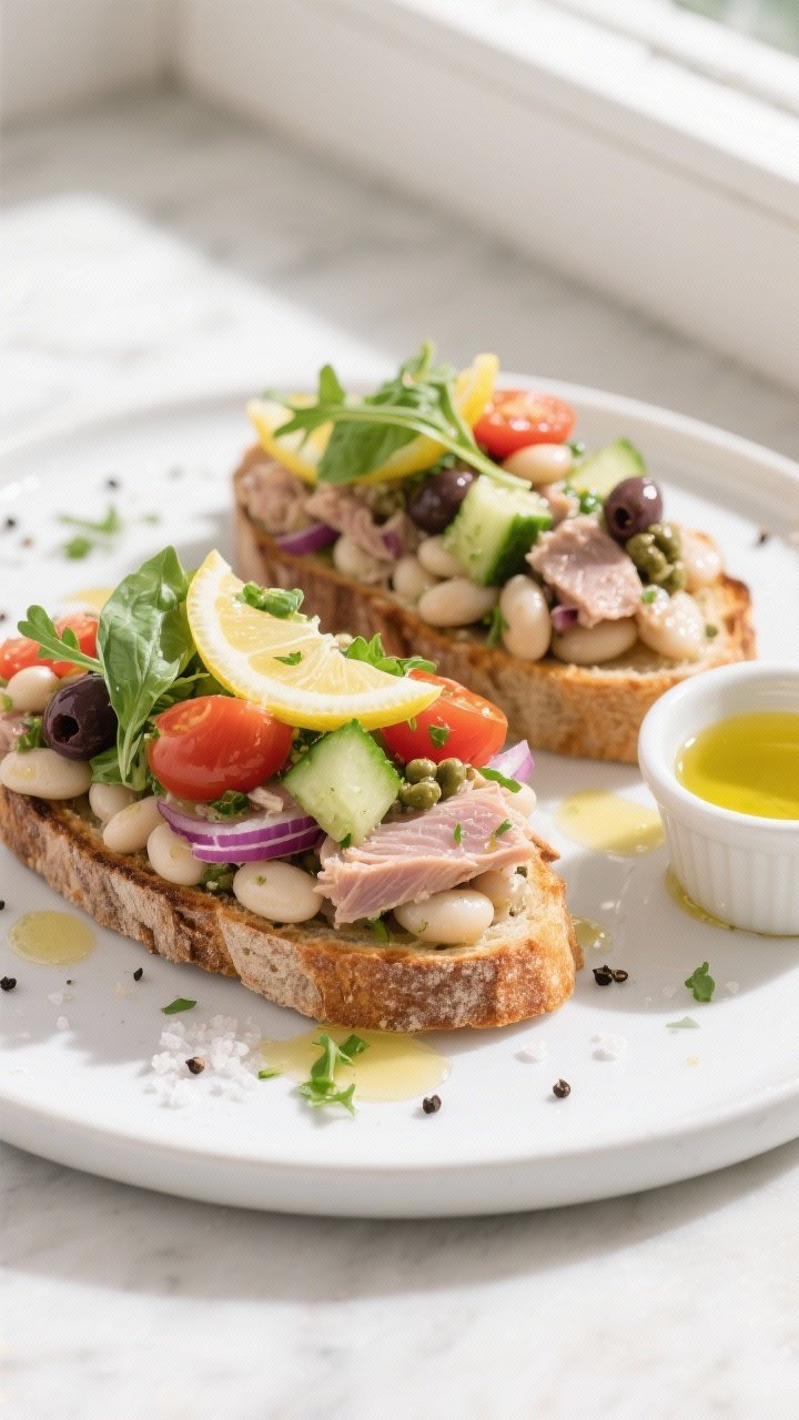 Final dish, tasty top view: Overhead shot of the Tuna & White Bean Salad piled onto toasted sourdoug