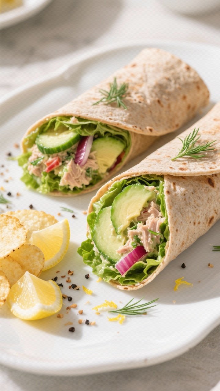 Final dish, tasty top view: Overhead shot of two avocado tuna salad wraps sliced on the diagonal, ti