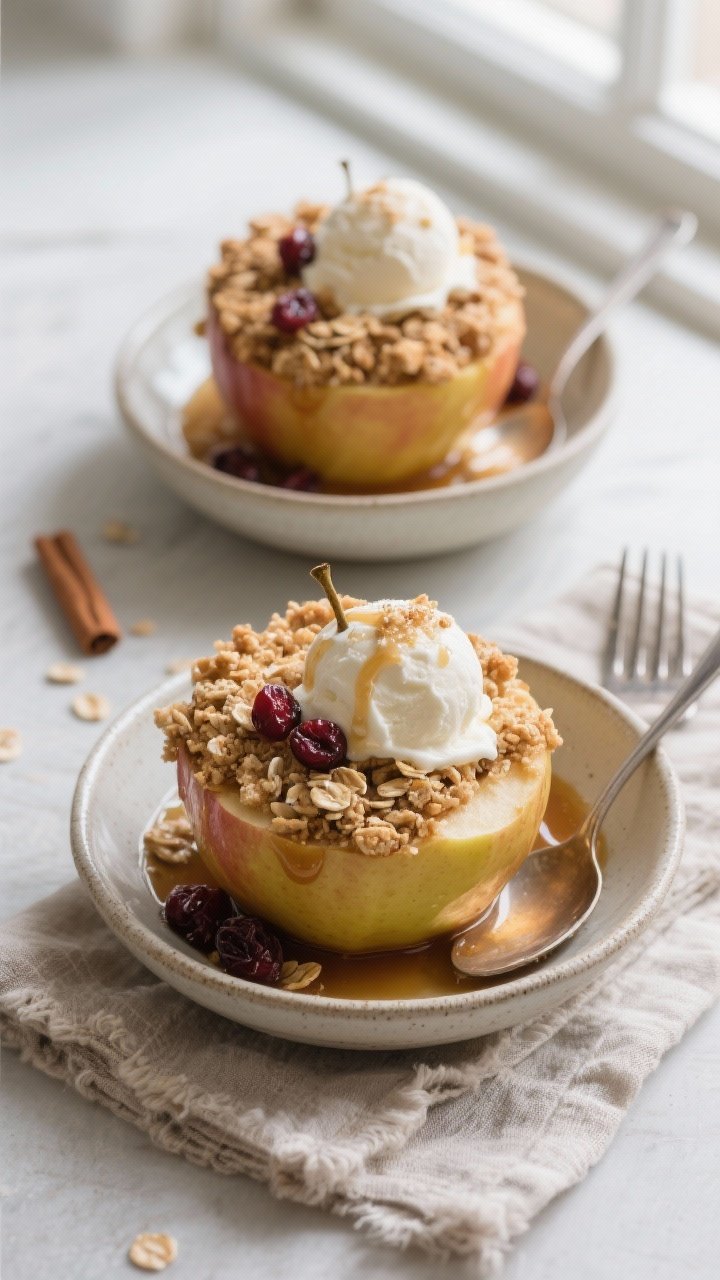 Final dish, tasty top view: Overhead shot of two Healthy Apple Pie Stuffed Apples plated in small ce