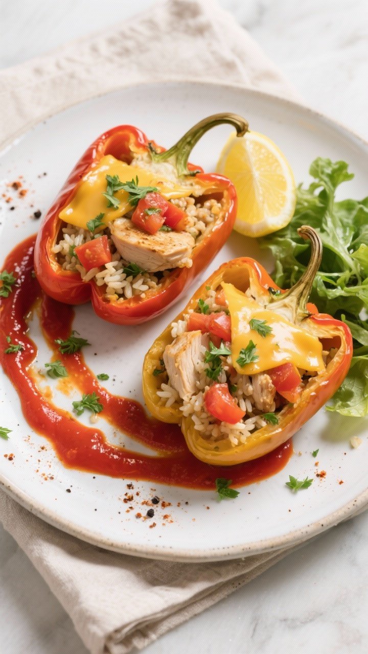 Final dish, tasty top view: Overhead shot of two slow cooker chicken stuffed peppers plated on a wid