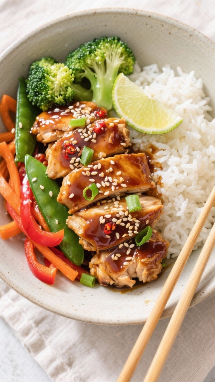 Final dish/top-down bowl presentation: Overhead shot of Crockpot Chicken Teriyaki Bowls artfully arr