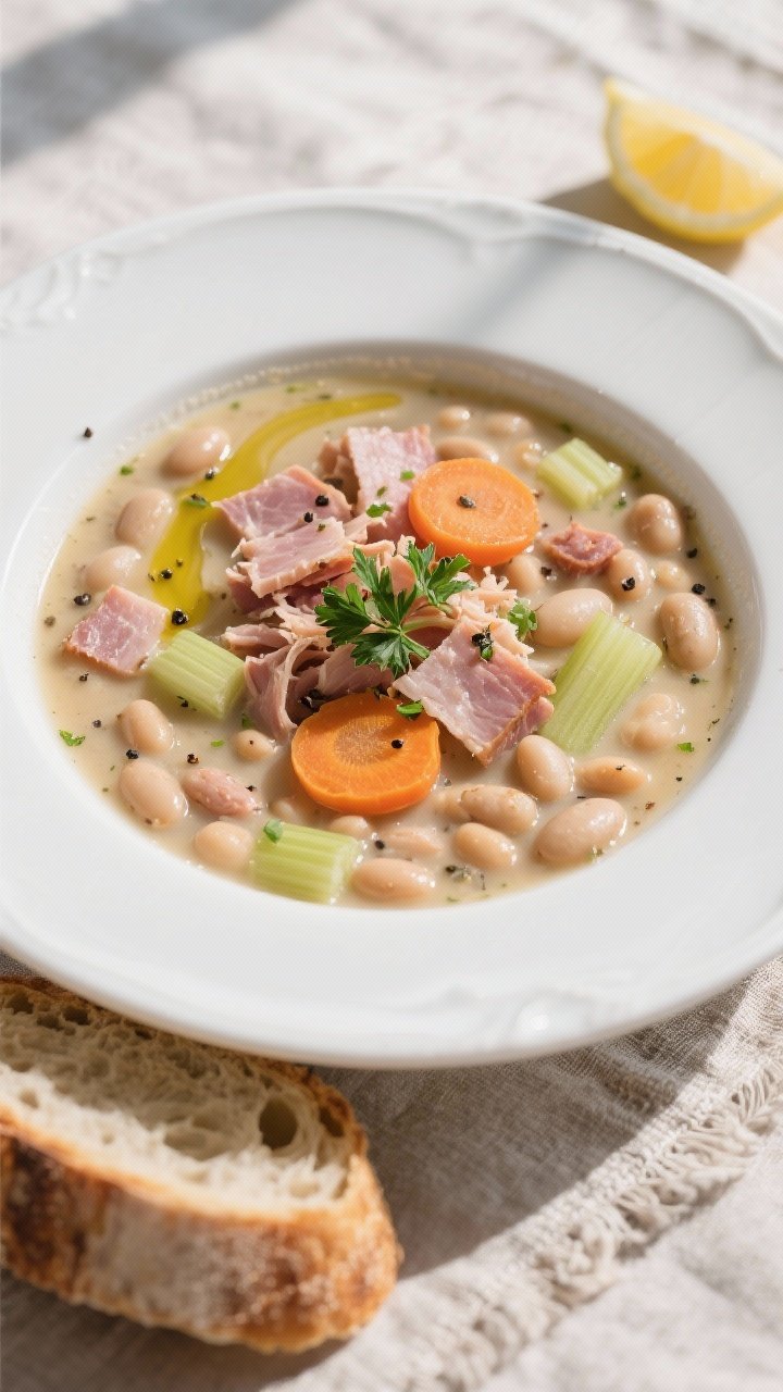 Final dish top-down: Overhead shot of a hearty bowl of ham and bean soup—creamy broth with visible