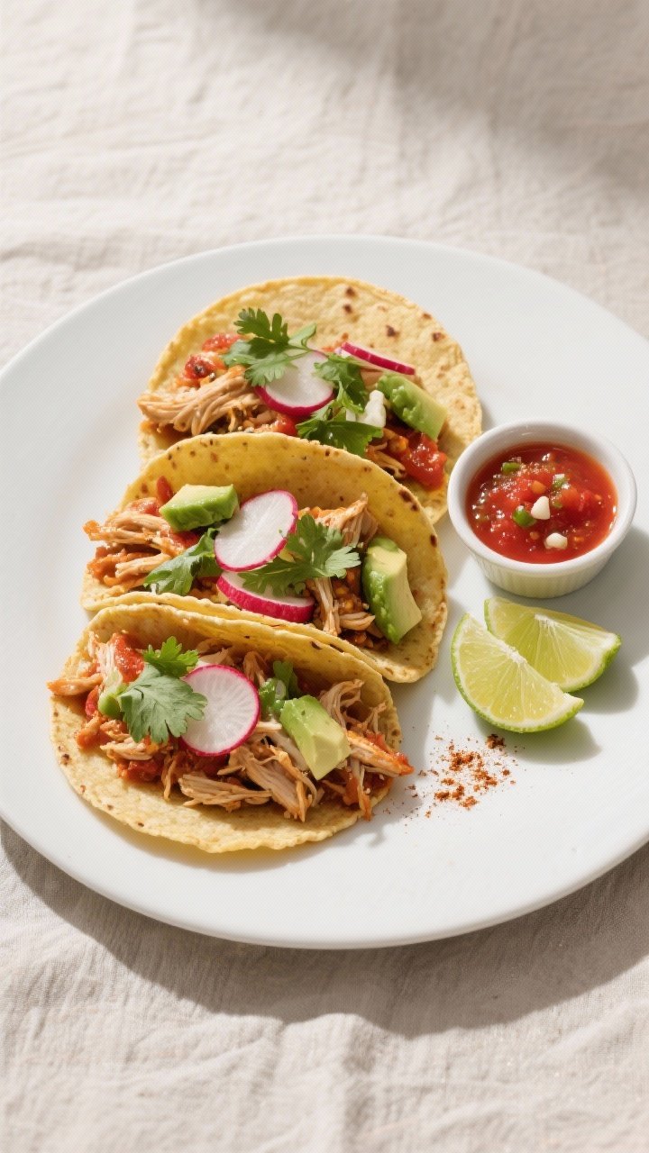 Final dish top-down: Overhead shot of salsa shredded chicken tacos—warm corn tortillas filled with