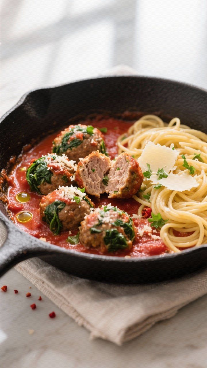 Final dish top-down: Overhead shot of turkey & spinach meatballs nestled in a skillet of simmering m