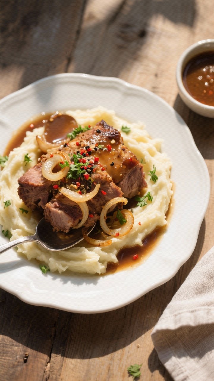 Final dish, top-down presentation: Overhead shot of savory garlic pork roast piled generously over c