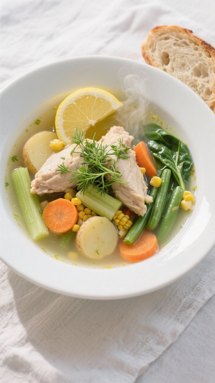 Final dish, top view: Overhead shot of a beautifully plated bowl of one-pot chicken and vegetable so