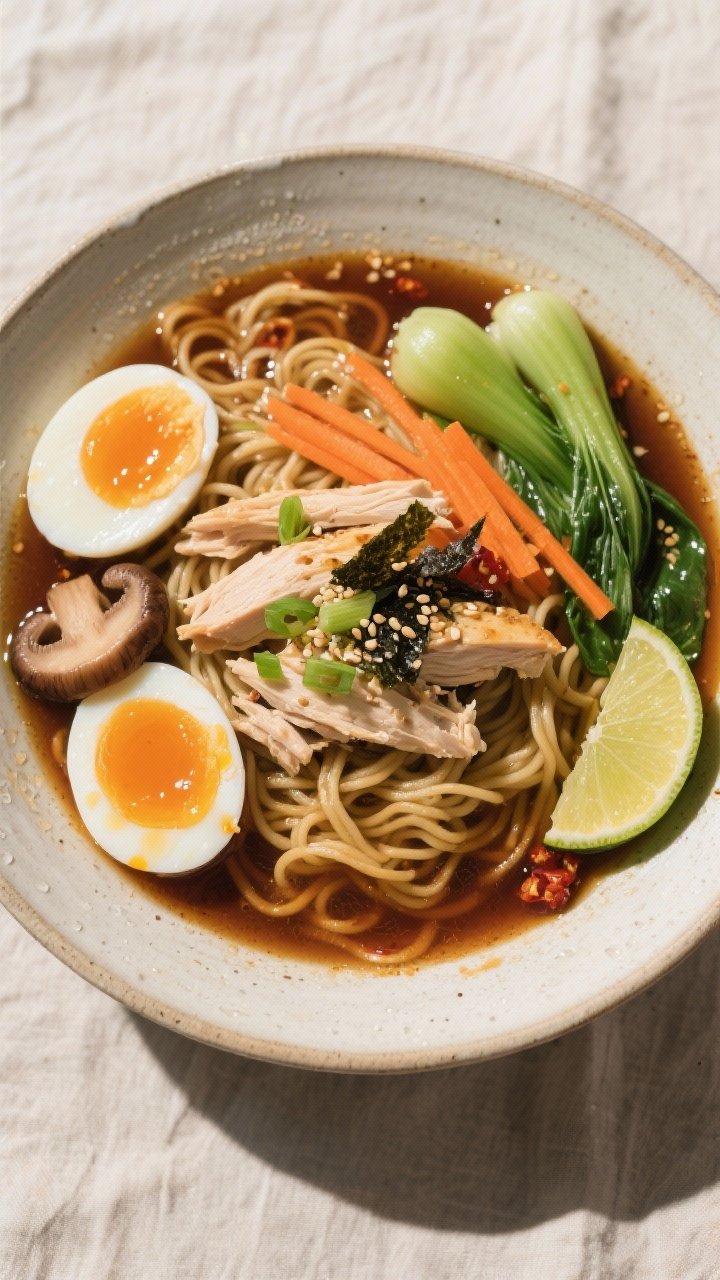Final dish, top view: Overhead shot of a beautifully plated bowl of Crockpot Chicken Ramen — tangl