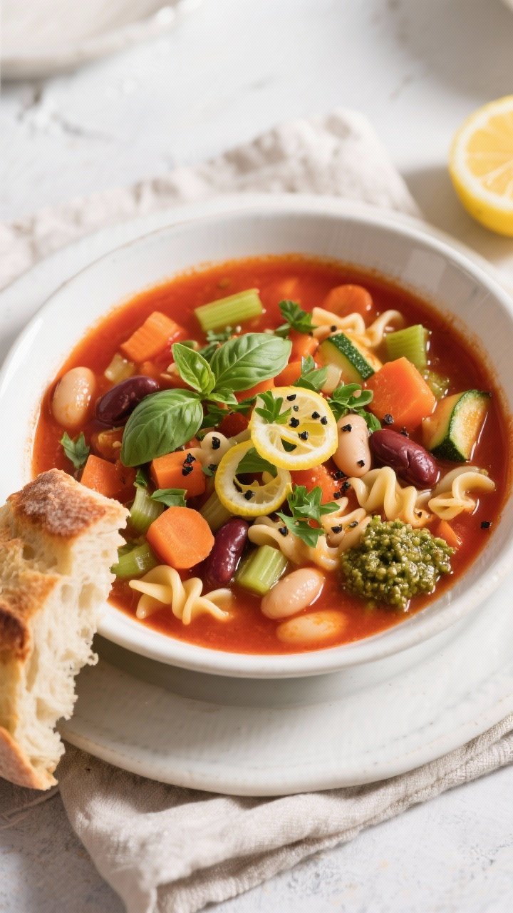 Final dish, top view: Overhead shot of a bowl of Cozy Vegan Minestrone Soup plated in a wide, white 