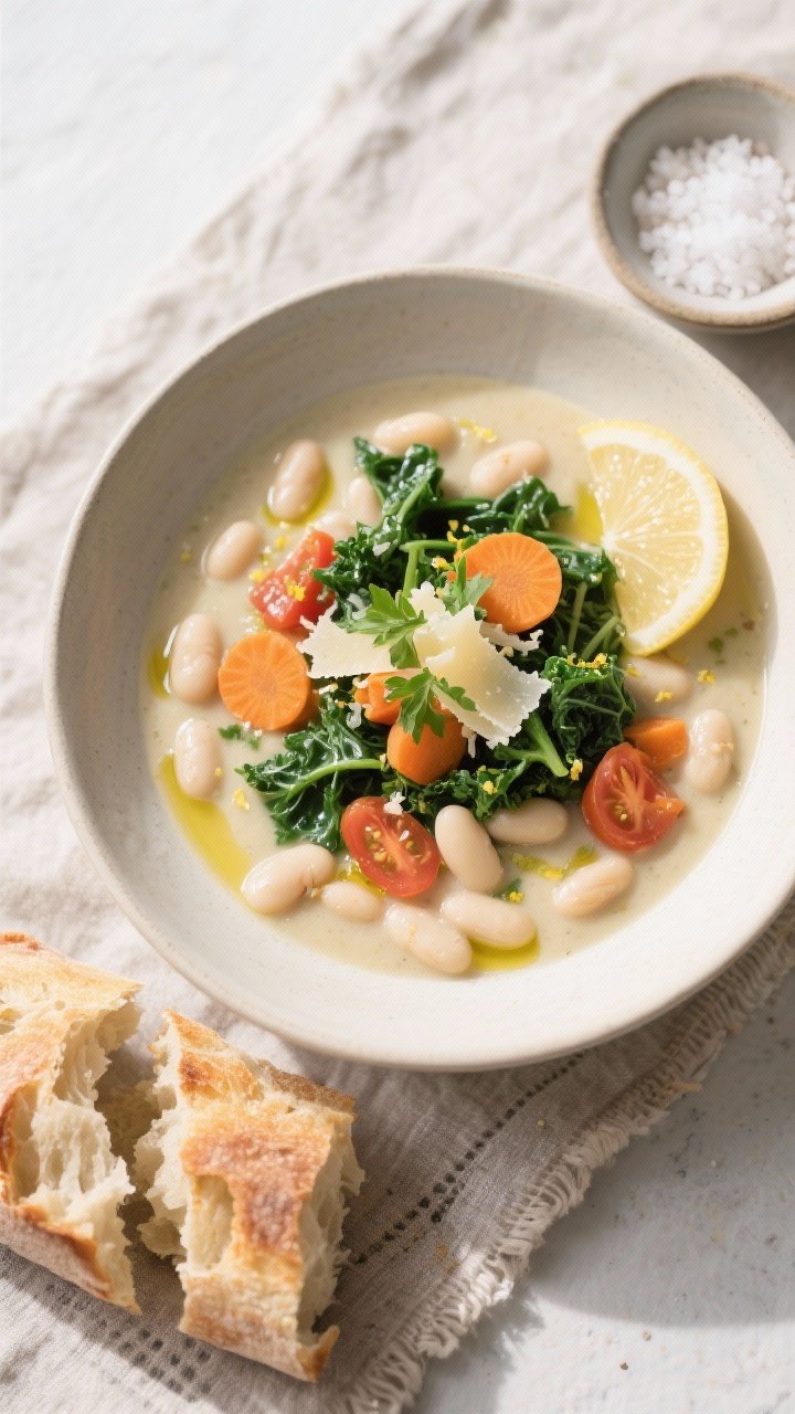 Final dish, top view: Overhead shot of a bowl of Tuscan White Bean Soup with a velvety, blended base