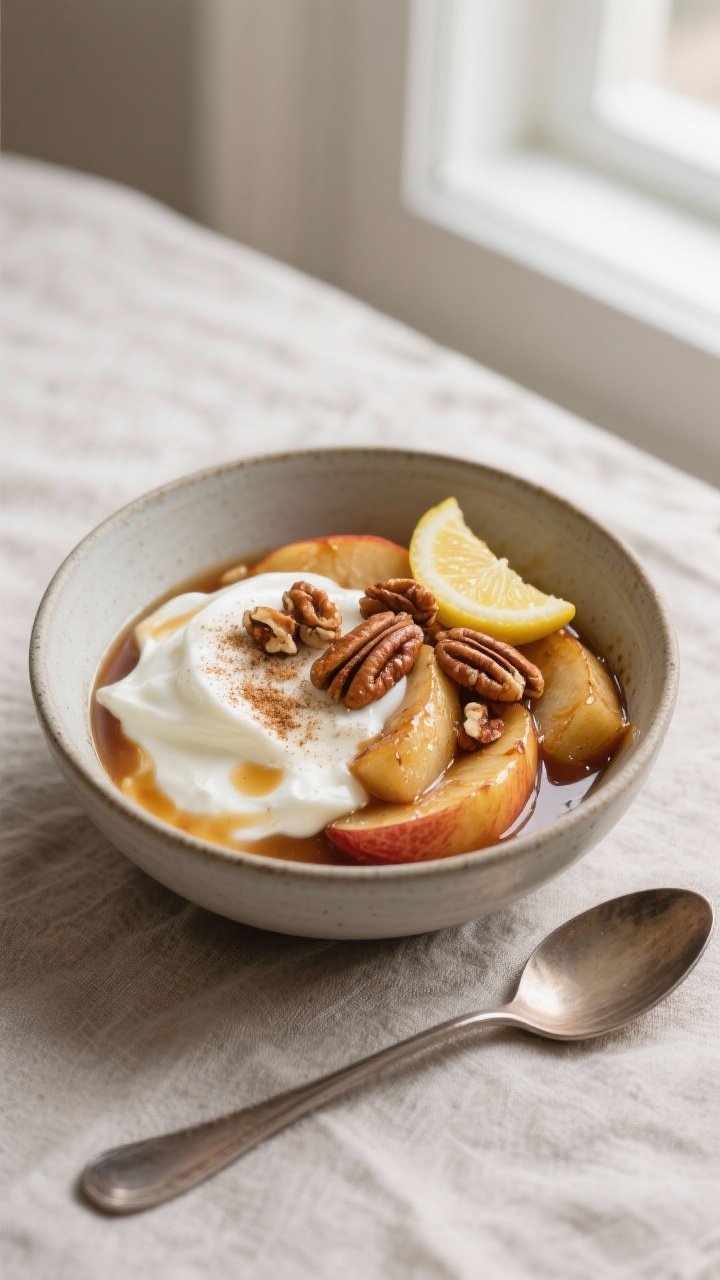 Final dish, top view: Overhead shot of a cozy bowl of warm sautéed cinnamon apples spooned over cre