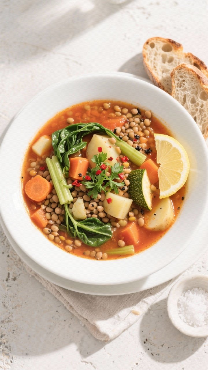 Final dish, top view: Overhead shot of a generous bowl of Easy Lentil Vegetable Soup, beautifully pl