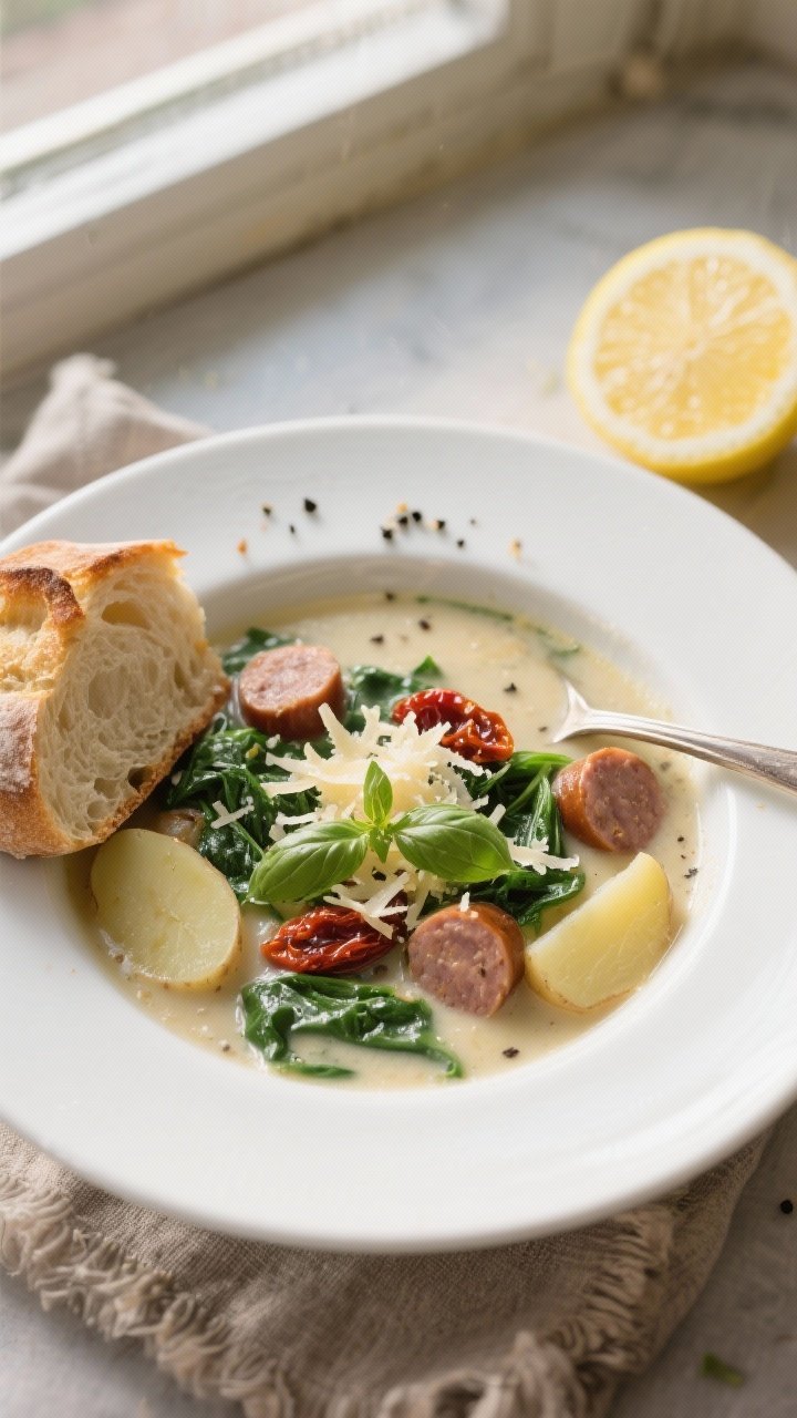 Final dish, top view: Overhead shot of a ladled bowl of One-Pot Creamy Tuscan Soup in a white, wide-