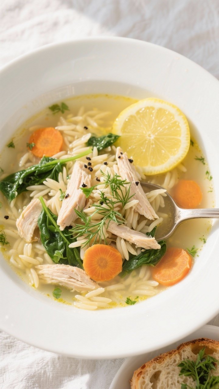 Final dish, top view: Overhead shot of a ladled bowl of Lemon Chicken Orzo Soup with a bright, clear