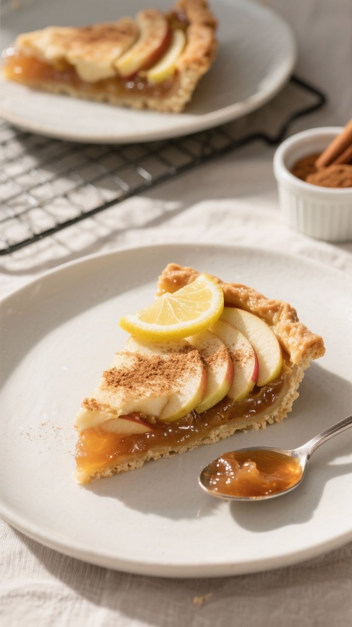Final dish, top view: Overhead shot of a sugar-free apple pie slice on a matte off-white plate, neat