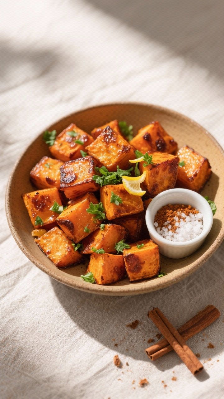 Final dish/top view: Overhead shot of a warm serving bowl filled with cinnamon roasted sweet potato 
