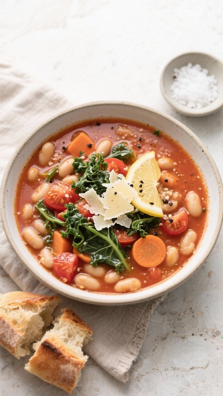 Final dish, top view: Overhead shot of a wide, shallow bowl filled with Easy Tuscan Bean Soup, showi